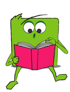 Green square-shaped character reading a book