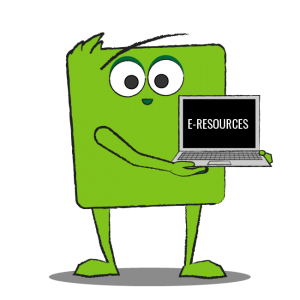 Green square-shaped character holding laptop that says e-resources