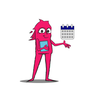 Pink character holding a book and looking at a calendar while smiling