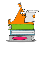 Orange triangle-shaped character sitting on a stack of books reading a paper