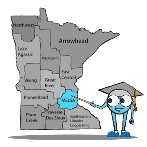 Blue circle character pointing at map of Minnesota and the Minneapolis / St Paul area where MELSA serves